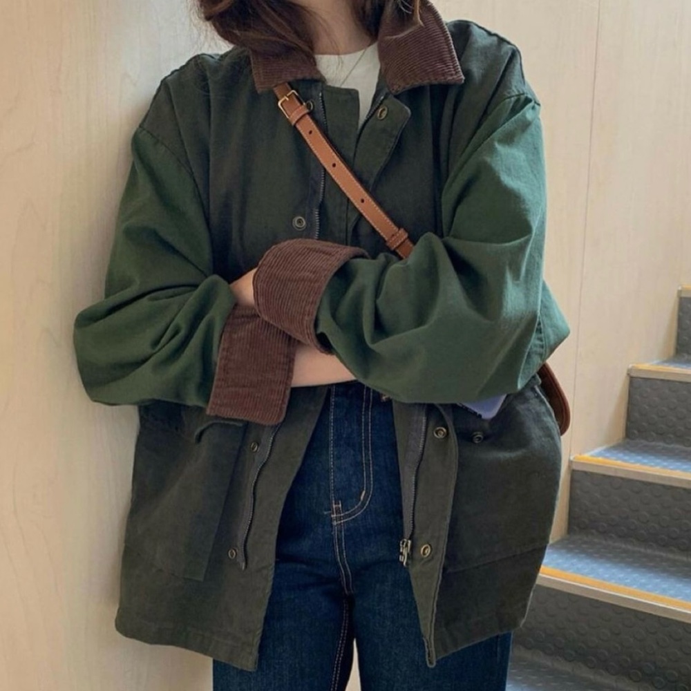 Green Jacket with Brown Collar